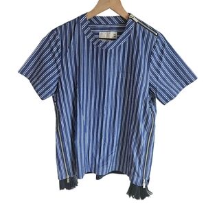 Sacai Blue Striped Cotton Pleated Detail Short Sleeve Blouse